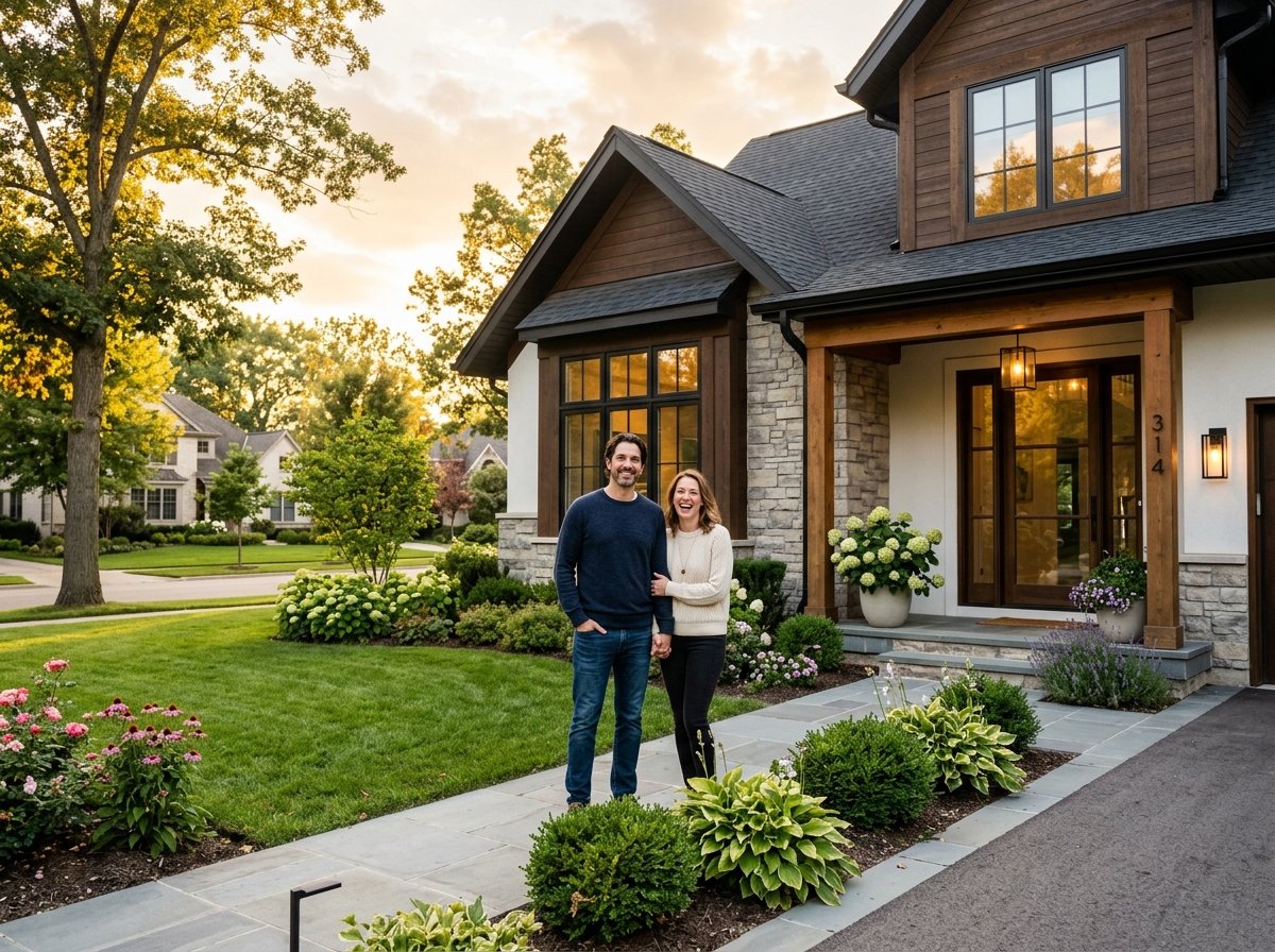Happy US Homeowners with protected suburban home